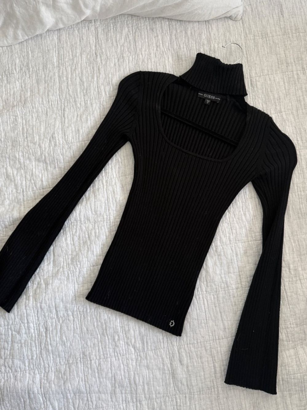 Guess Black Ribbed Turtleneck with Front Cutout